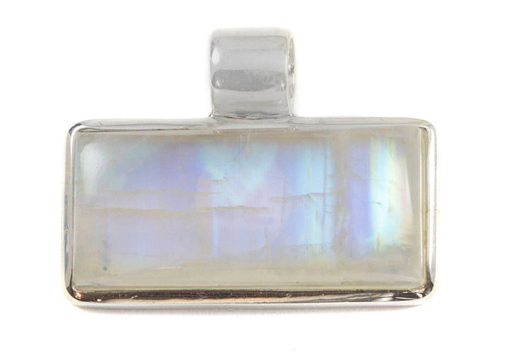 Moonstone Necklace Pendant Sterling Silver Rectangle Shape AAA Unique Natural Blue Flash Rainbow Moonstone Bezel Setting
