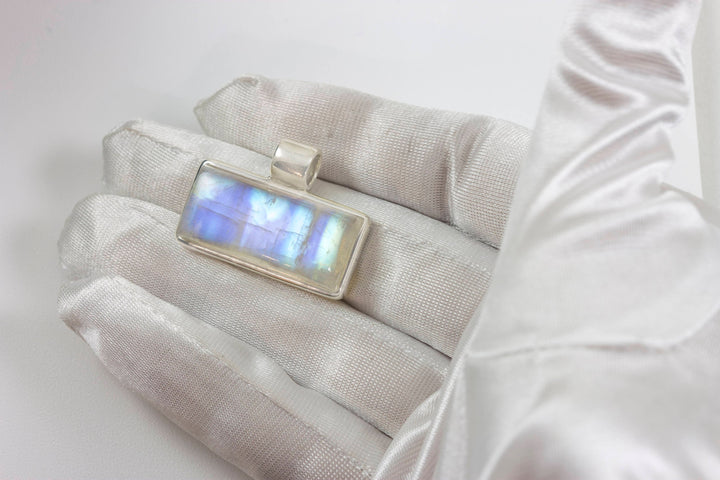 Moonstone Necklace Pendant Sterling Silver Rectangle Shape AAA Unique Natural Blue Flash Rainbow Moonstone Bezel Setting