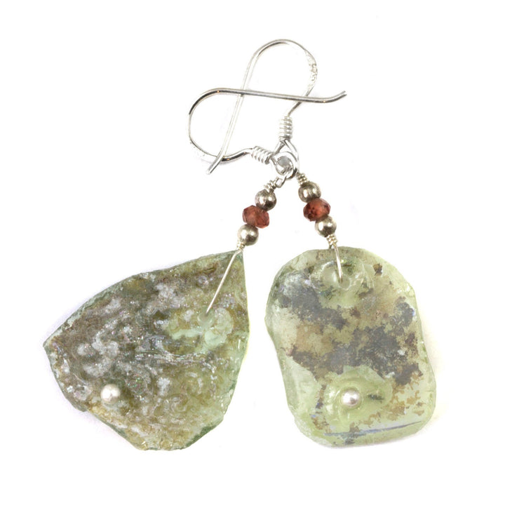 Roman Glass Earrings Antique Blue Teardrops Sterling Silver Garnet accents Pale Soft Green Iridescent Unique Ancient Drops