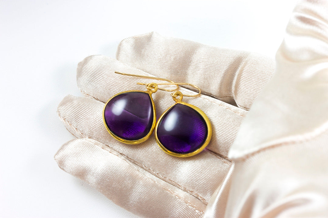 Simulated Purple Amethyst Earrings Smooth Large Heart Smooth Cut 14k Solid Gold or Filled Teardrop Deep Rich Purple Everyday Puffed Drops