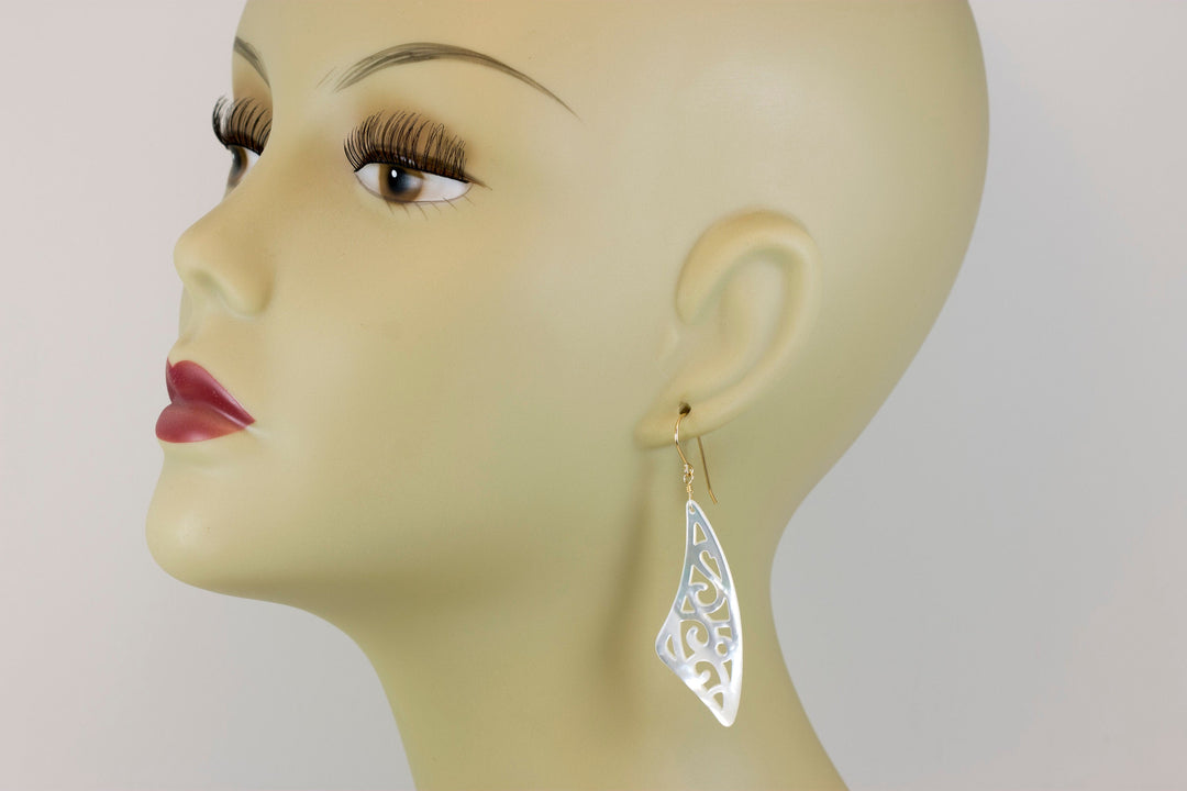 Mother of Pearl Earrings White Shell Carved Relief Triangle Teardrop Natural 14k Gold or Filled or Sterling Silver Large MOP Drops 2.6 Inch