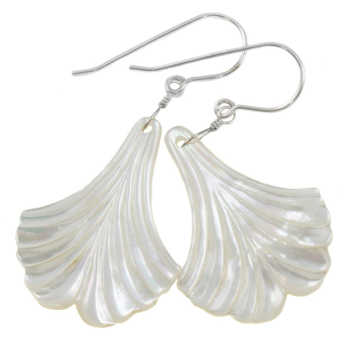 Mother of Pearl Earrings White Shell Carved Fan Leaf Teardrop Natural 14k Gold or Filled or Sterling Silver Large MOP Drops 2 Inch