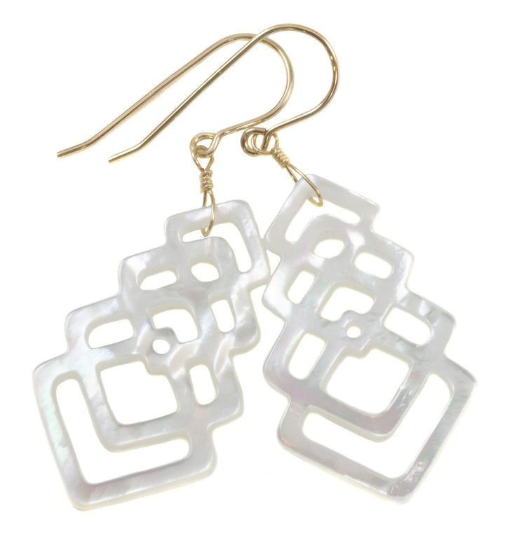 Mother of Pearl Earrings White Shell Carved Tiered Square Teardrop Natural 14k Gold or Filled or Sterling Silver Large MOP Drops 2 Inch