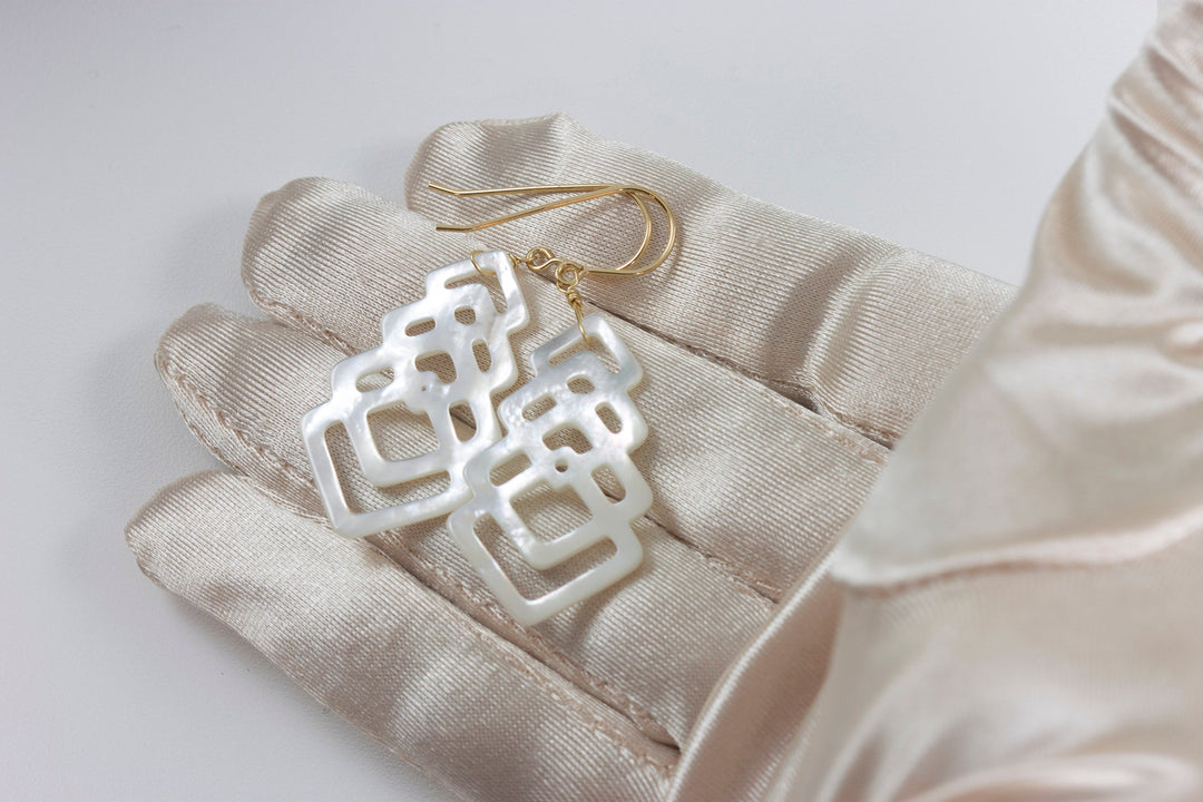 Mother of Pearl Earrings White Shell Carved Tiered Square Teardrop Natural 14k Gold or Filled or Sterling Silver Large MOP Drops 2 Inch