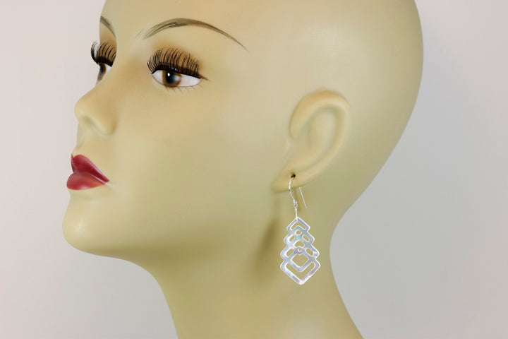 Mother of Pearl Earrings White Shell Carved Tiered Square Teardrop Natural 14k Gold or Filled or Sterling Silver Large MOP Drops 2 Inch