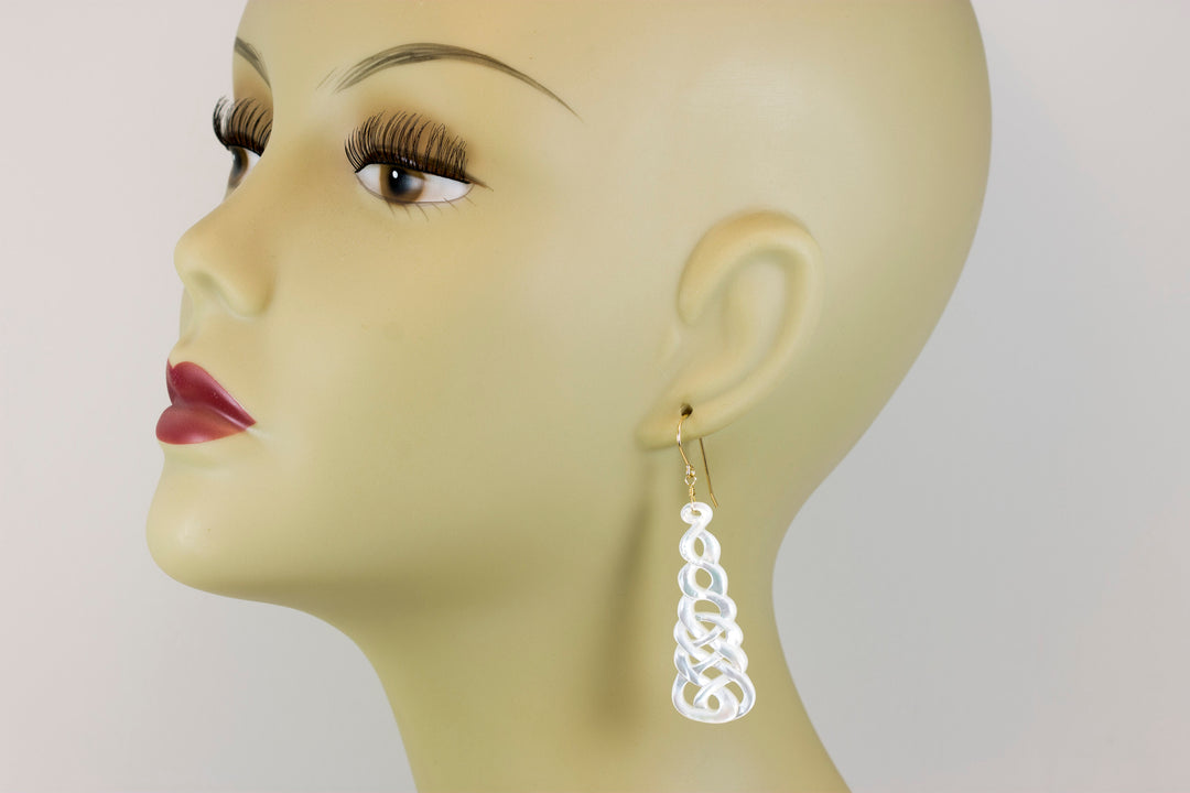 Mother of Pearl Earrings White Shell Carved Relief Celtic Infinity Knot Teardrop Natural 14k Gold or Filled or Sterling Silver Large MOP 2.5