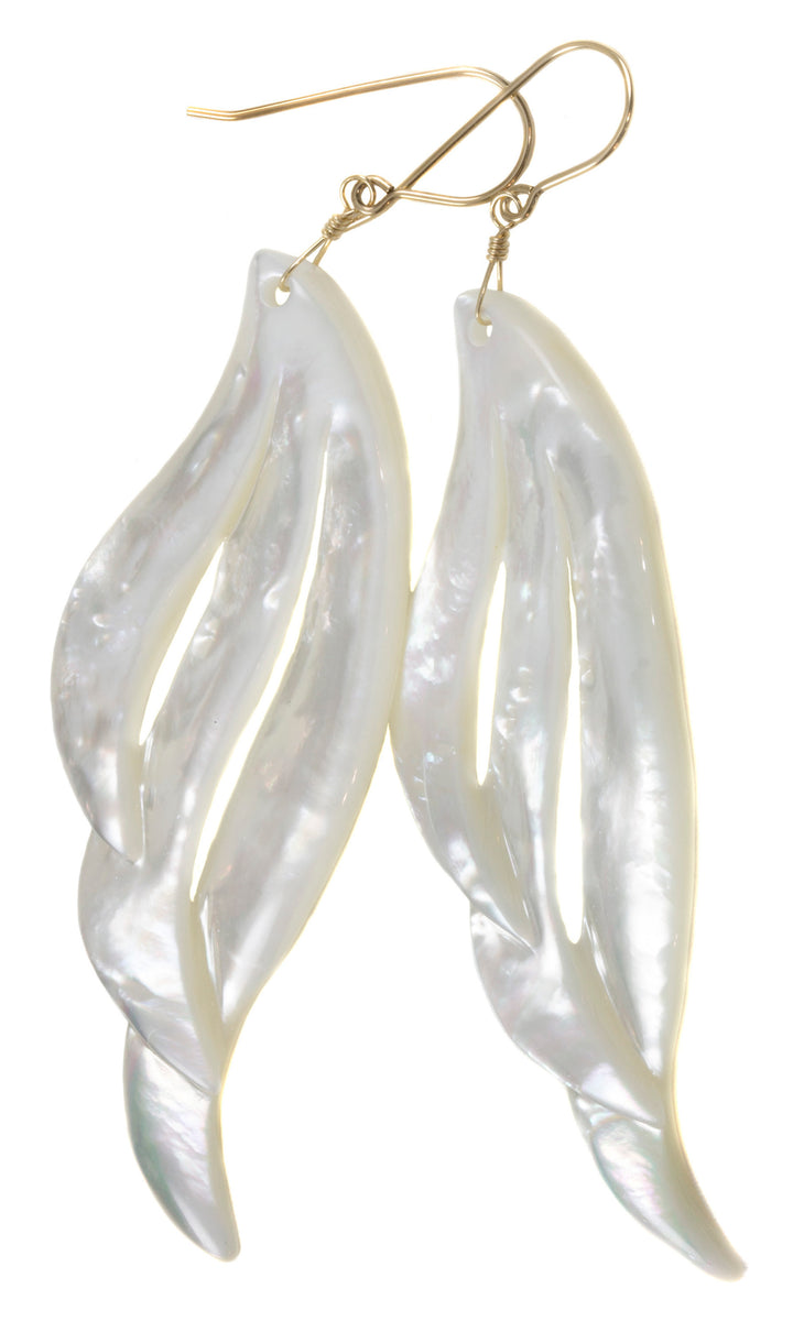 Mother of Pearl Earrings White Shell Carved Relief Feather Wing Teardrop Natural 14k Gold or Filled or Sterling Silver Large MOP 3.4