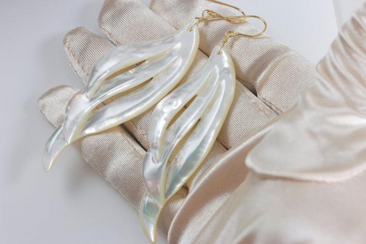 Mother of Pearl Earrings White Shell Carved Relief Feather Wing Teardrop Natural 14k Gold or Filled or Sterling Silver Large MOP 3.4
