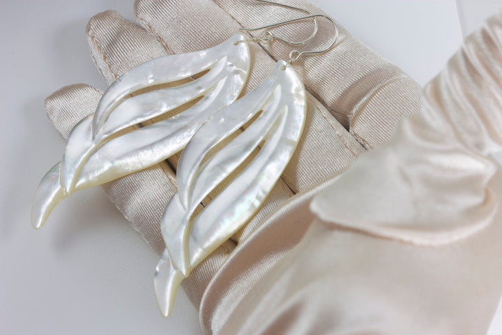 Mother of Pearl Earrings White Shell Carved Relief Feather Wing Teardrop Natural 14k Gold or Filled or Sterling Silver Large MOP 3.4
