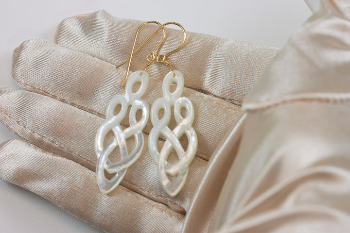 Mother of Pearl Earrings White Shell Carved Relief Celtic Infinity Teardrop Natural 14k Gold or Filled or Sterling Silver Large MOP 2.2