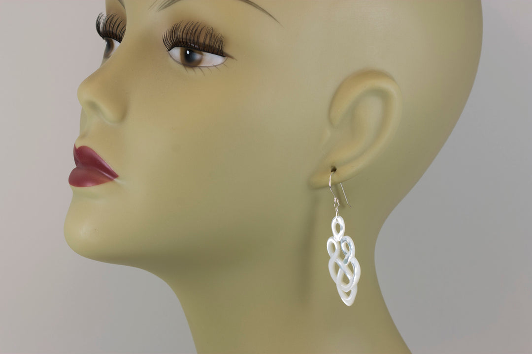 Mother of Pearl Earrings White Shell Carved Relief Celtic Infinity Teardrop Natural 14k Gold or Filled or Sterling Silver Large MOP 2.2