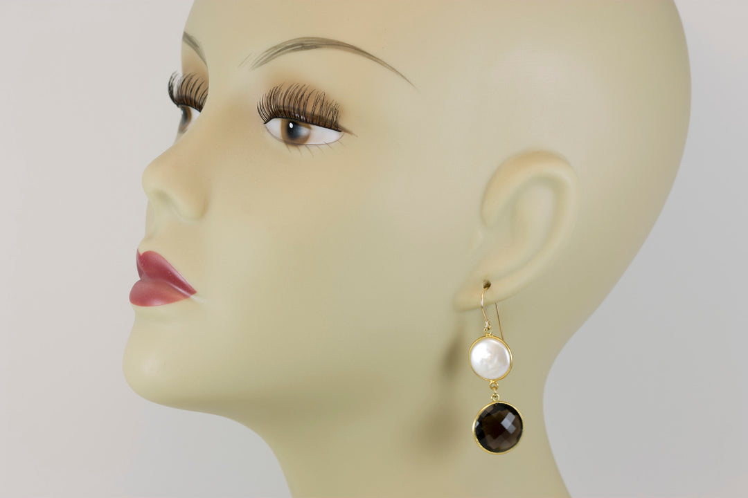 Smoky Quartz Button Pearl Earrings Large Bezel Round 14k Solid Gold or Filled White Freshwater Cult Pearls Classic Simple Drops 2 Inch