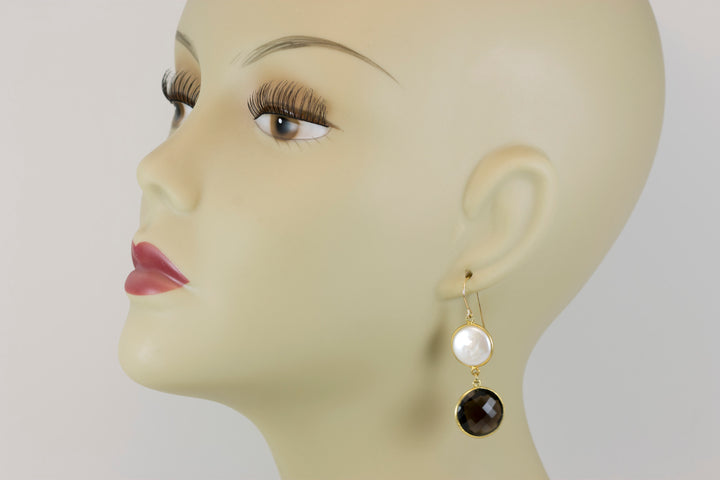 Smoky Quartz Button Pearl Earrings Large Bezel Round 14k Solid Gold or Filled White Freshwater Cult Pearls Classic Simple Drops 2 Inch