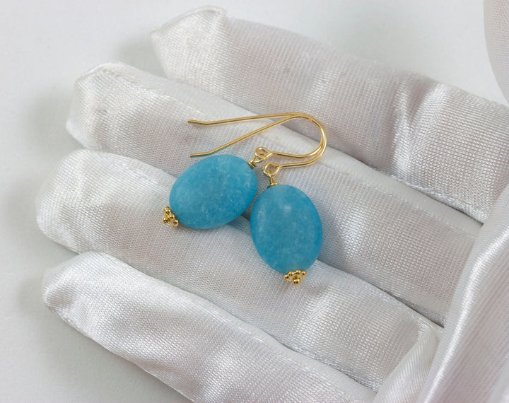 Quartzite Earrings Steel Blue Polished Matte Finish Smooth Oval Cut Beaded Accents 14k solid gold or filled or sterling silver Drop Dangle