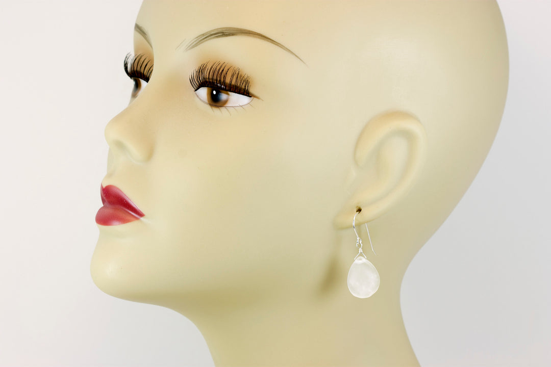 Clear Quartz Earrings Frosted Matte Finish Curved Petal Teardrop Drops 14k Solid Gold or Filled or Sterling Silver Smooth Classic Simple