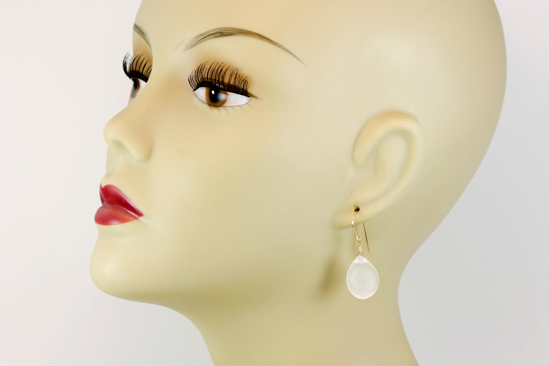 Clear Quartz Earrings Frosted Matte Finish Curved Petal Teardrop Drops 14k Solid Gold or Filled or Sterling Silver Smooth Classic Simple