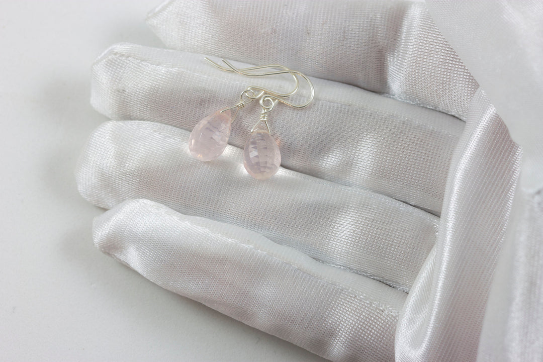 Rose Quartz Earrings Soft Pink Briolette Faceted Teardrop Dangle 14k solid gold or Sterling Silver or 14k Gold Filled Small Dainty Drops