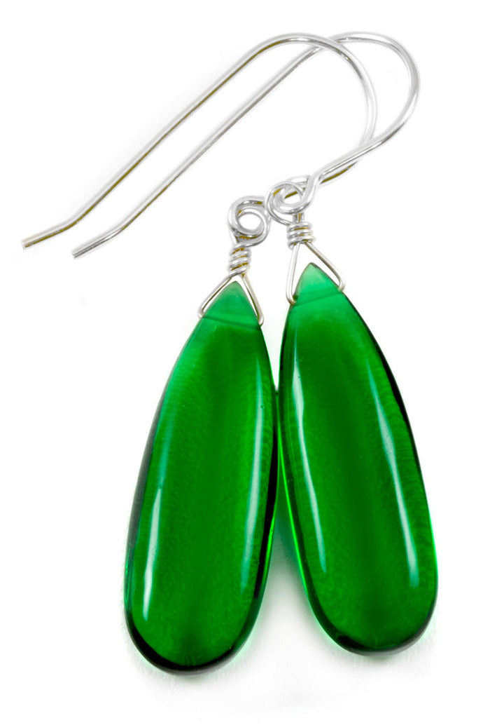 Emerald Green Earrings Smooth Long Simulated Emerald Teardrop Drop Dangle Sterling Silver or 14k Solid Gold or Filled Simple Basic Classic