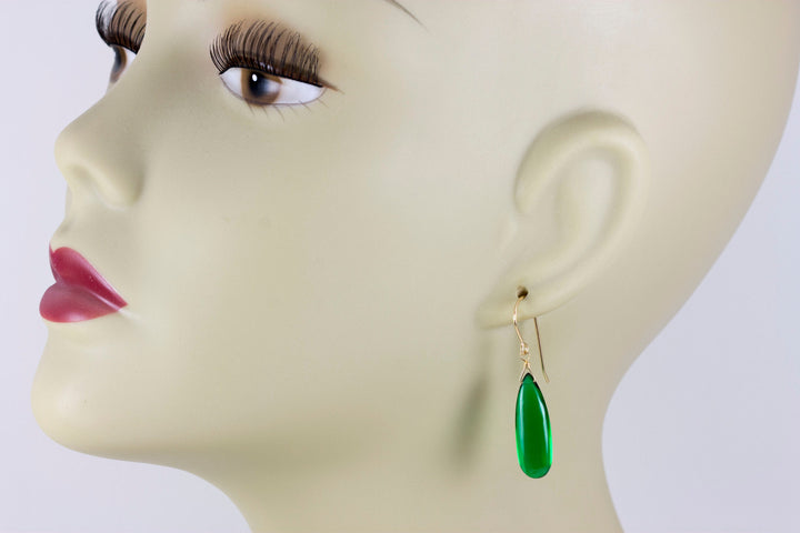 Emerald Green Earrings Smooth Long Simulated Emerald Teardrop Drop Dangle Sterling Silver or 14k Solid Gold or Filled Simple Basic Classic