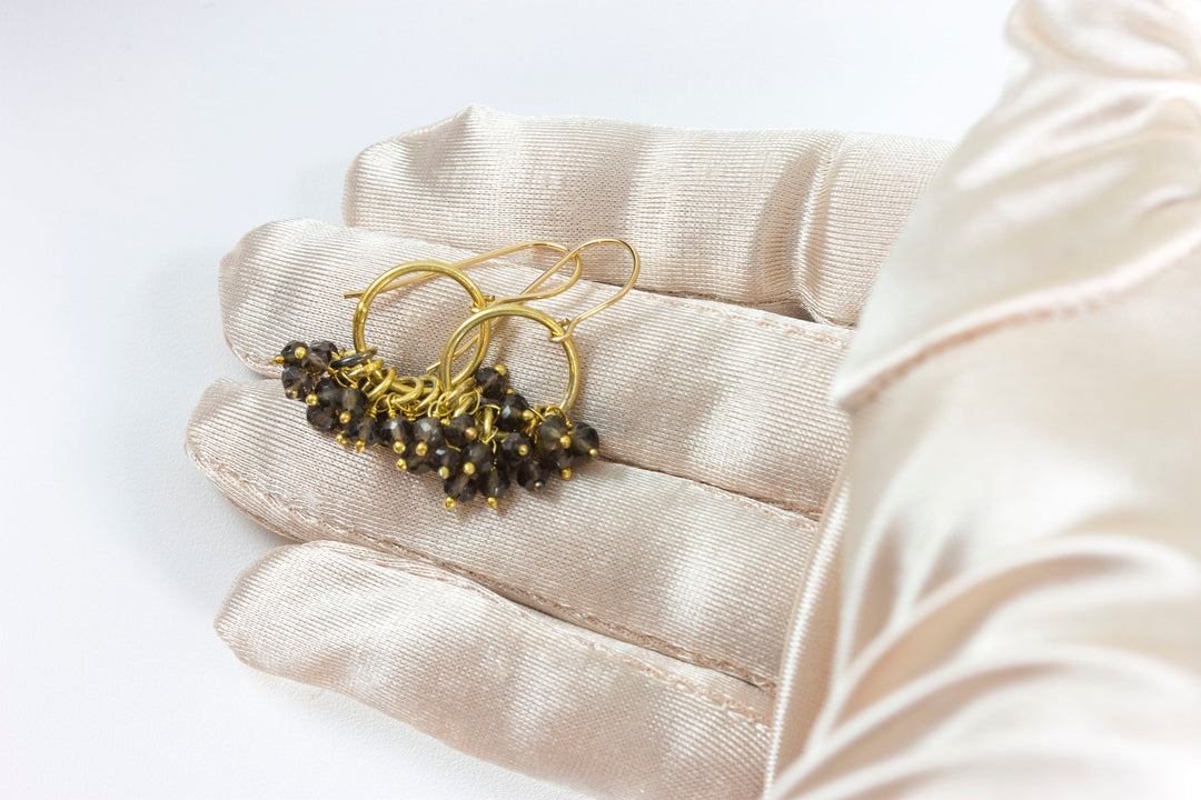Smokey Quartz Earrings Natural Smoky Clusters Drops 14k solid gold or filled Faceted Multiple Stones Grouped Dangles Clustered Loops