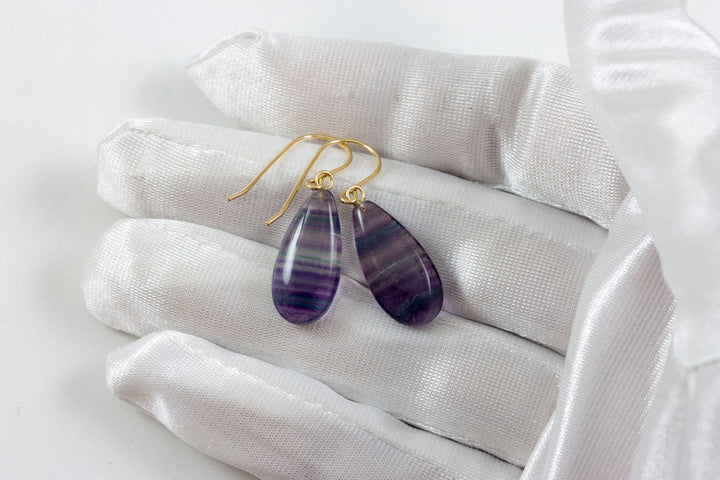 Fluorite Earrings Smooth Teardrop 14k solid gold or filled or Sterling silver Flourite Natural Purple Lavender Teal Striped Curved Cut Drops