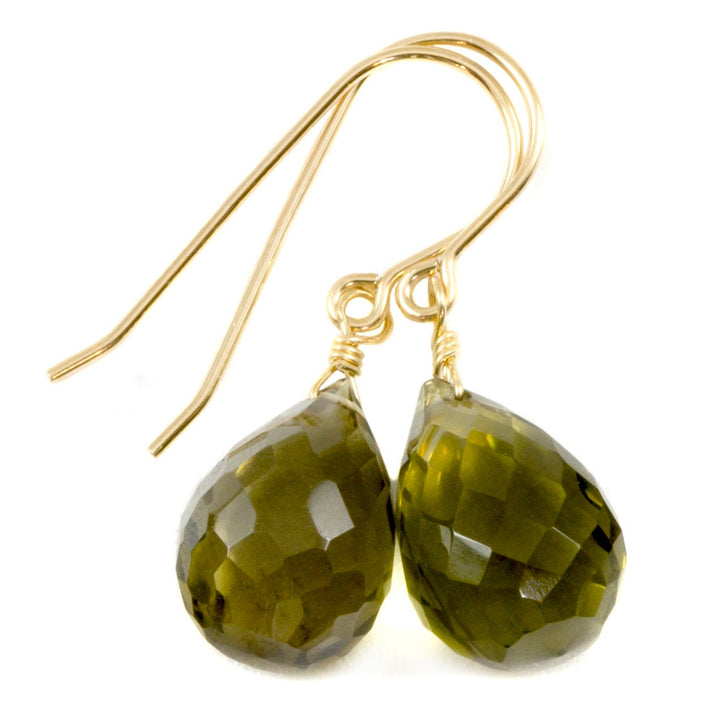 Green Olive Quartz Earrings Teardrop Fat Rounded Briolette Natural Smokey Drops 14k Solid Gold or 14k Gold Filled or Sterling Silver Faceted