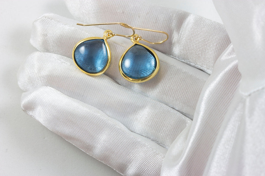 London Blue Smooth Simulated Topaz Earrings Heart Briolette Drops 14k Solid Gold or Filled Bezel Setting Simple Earthy Blue Color