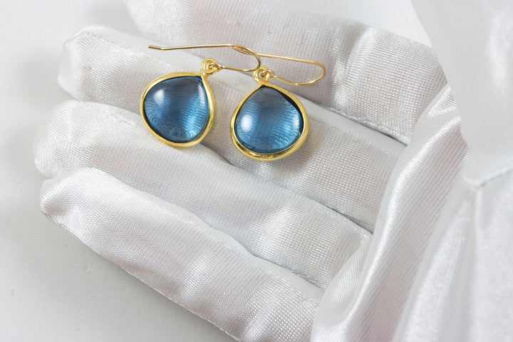London Blue Smooth Simulated Topaz Earrings Heart Briolette Drops 14k Solid Gold or Filled Bezel Setting Simple Earthy Blue Color