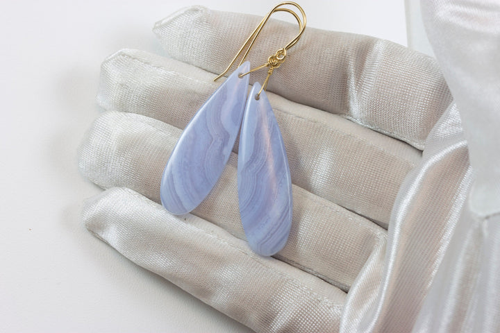 Blue Lace Agate Earrings 14k solid gold or filled or Sterling Silver Smooth Long Dangle Drops Natural Banding Soft blue Simple Drops 2.3 In