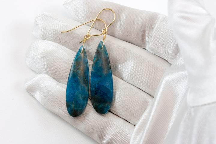 Blue Apatite Earrings 14k solid gold or filled or Sterling Silver Smooth Long Dangle Drops Natural Unique Deep blue Simple Drops 2.3 In