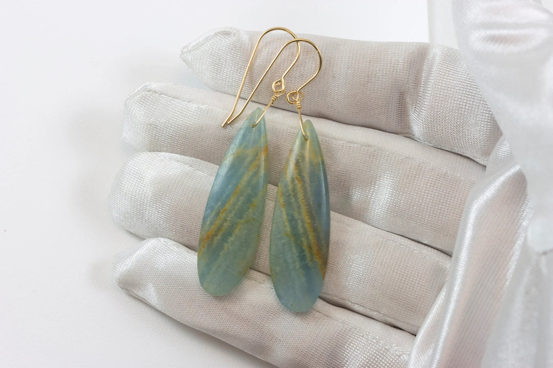 Blue Aqua Calcite Earrings 14k solid gold or filled or Sterling Silver Smooth Long Dangle Drops Natural Banding Soft blue Simple Drop 2.3 In - Spyglass Designs