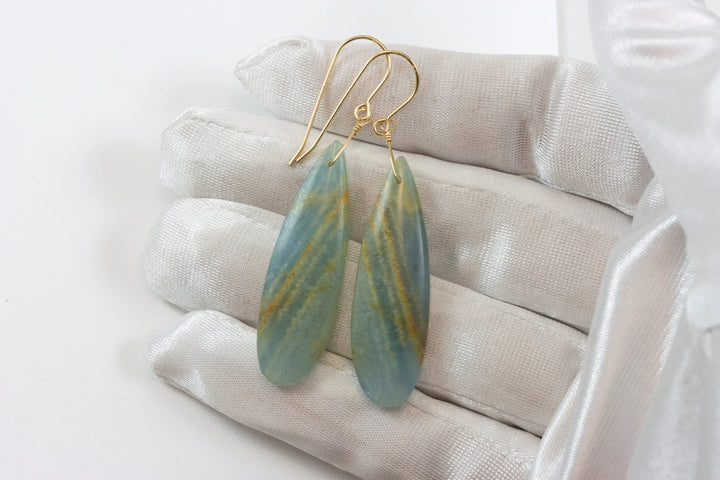 Blue Aqua Calcite Earrings 14k solid gold or filled or Sterling Silver Smooth Long Dangle Drops Natural Banding Soft blue Simple Drop 2.3 In - Spyglass Designs