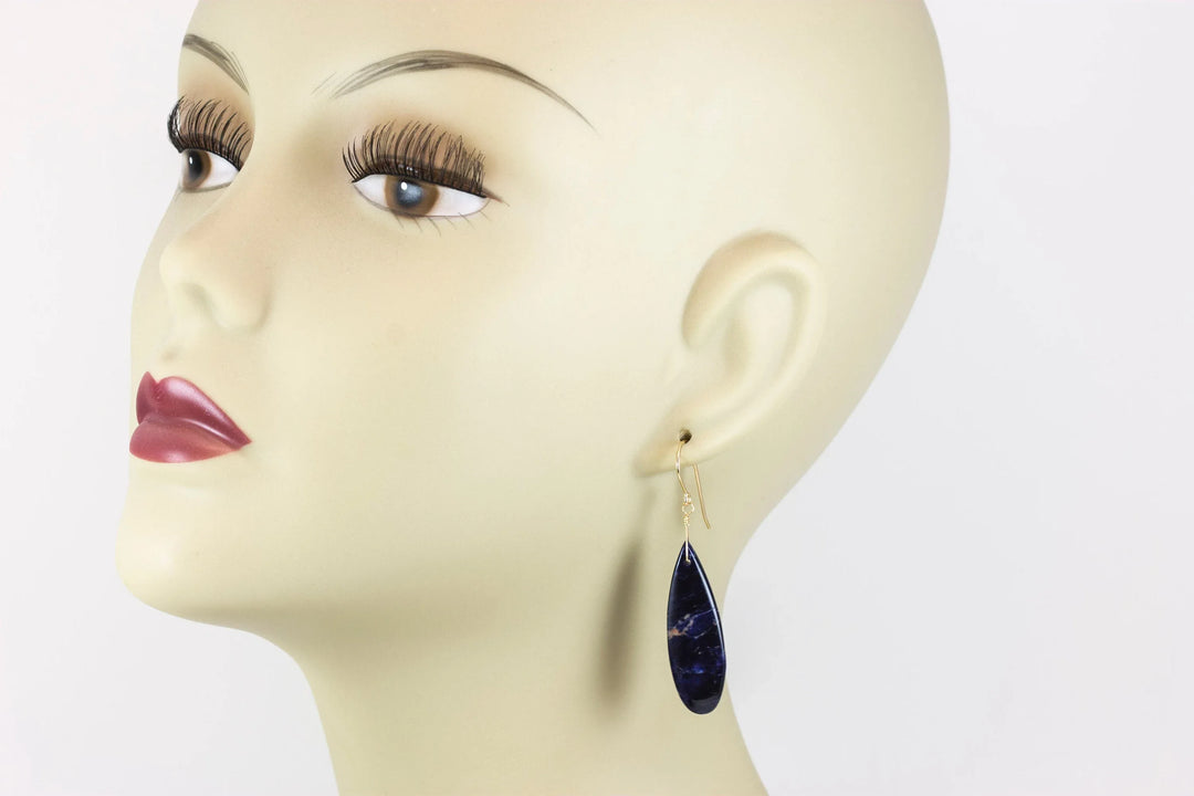 Orange Sodalite Earrings Deep Blue 14k solid gold or filled or Sterling Silver Smooth Long Dangle Drops Natural Simple Drops 2.3 In - Spyglass Designs