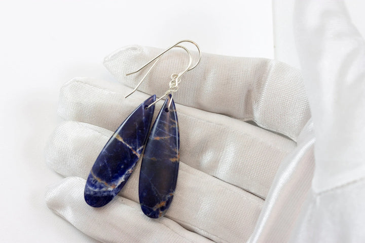 Orange Sodalite Earrings Deep Blue 14k solid gold or filled or Sterling Silver Smooth Long Dangle Drops Natural Simple Drops 2.3 In - Spyglass Designs