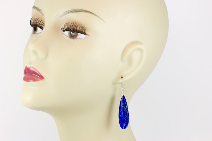 Lapis Lazuli Earrings Blue Pyrite Flecks 14k solid gold or filled or Sterling Silver Smooth Long Dangle Natural Simple Drops 2.3 In