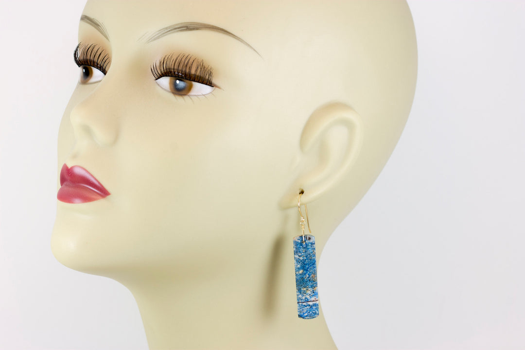 Azurite Earrings Lightning Blue Marbled Striped 14k solid gold or filled or Sterling Silver Smooth Long Rectangle Natural Matte Drops 2.3 In