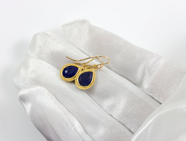 Lapis Lazuli Earrings Natural Blue Fancy Bezel Small Tiny Lightweight Sterling Silver or 14k solid gold or filled Simple Drops 1 Inch