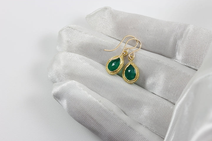 Green Onyx Earrings Natural Fancy Bezel Small Tiny Lightweight 14k solid gold or filled Simple Drops 1 Inch