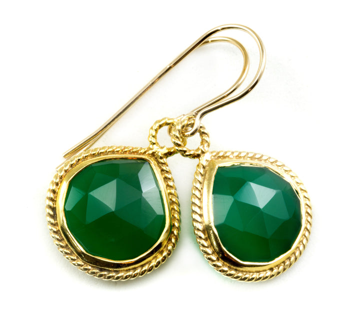 Green Onyx Earrings Natural Fancy Bezel Pear Teardrop Shape 14k solid yellow gold or filled Simple Classic Drops 1 Inch Heart Shaped Drops
