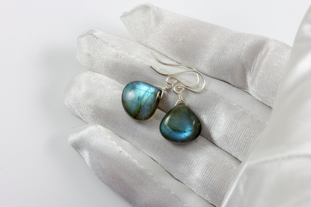 Labradorite  Earrings Sterling Silver or 14k Solid Gold or Filled  Smooth Heart Teardrop AAA Blue Flash Pear Shape Natural Drops