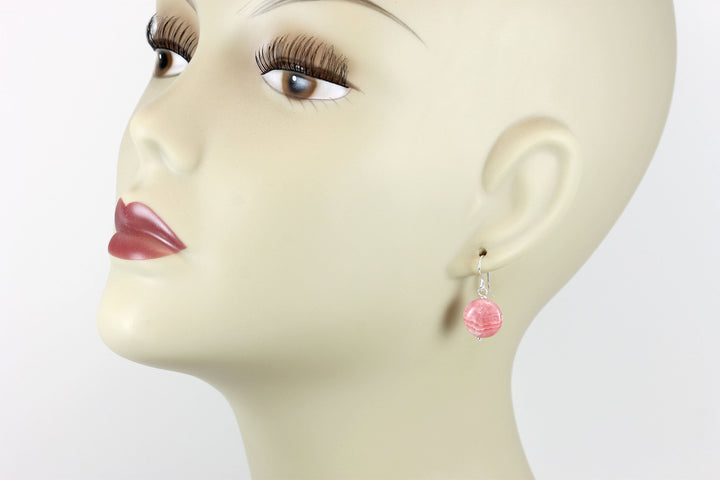Pink Rhodochrosite Earrings Smooth Natural Round Button Dainty Sterling Silver or 14k Solid Gold or Filled Natural Earthy Pink Simple Drop