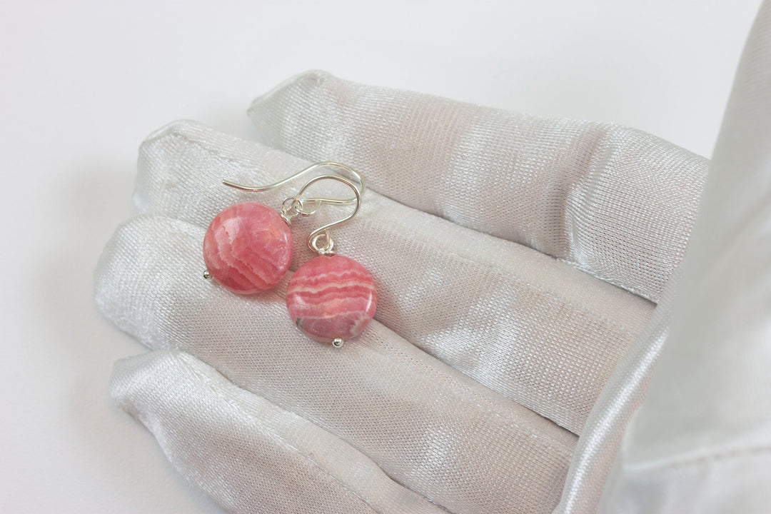 Pink Rhodochrosite Earrings Smooth Natural Round Button Dainty Sterling Silver or 14k Solid Gold or Filled Natural Earthy Pink Simple Drop