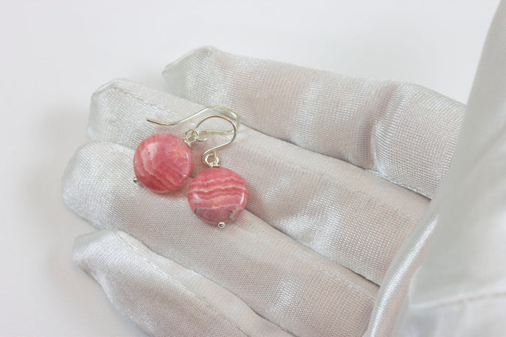 Pink Rhodochrosite Earrings Smooth Natural Round Button Dainty Sterling Silver or 14k Solid Gold or Filled Natural Earthy Pink Simple Drop
