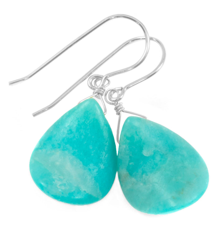 Amazonite Earrings Bright Blue Aqua Smooth Curved Teardrop Long Sterling Silver or 14k Solid Gold or Gold Filled Pale Soft Blue Drops