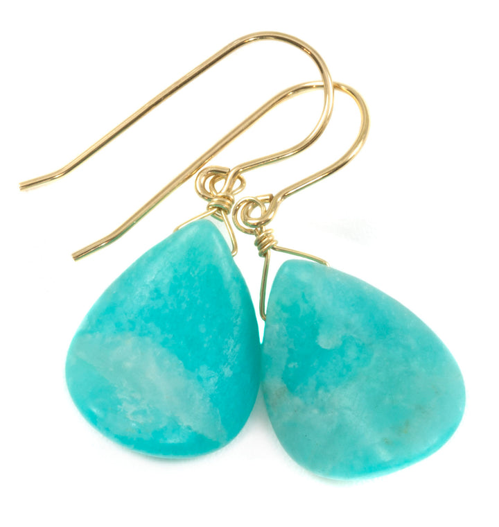 Amazonite Earrings Bright Blue Aqua Smooth Curved Teardrop Long Sterling Silver or 14k Solid Gold or Gold Filled Pale Soft Blue Drops