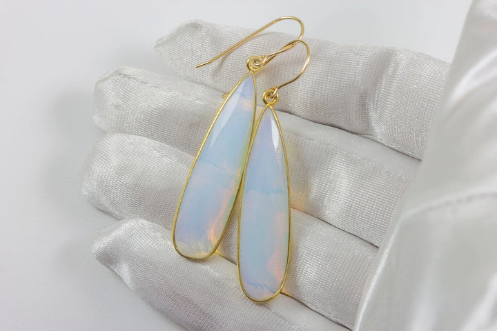 Opalite Earrings Faceted Long Pear Shaped Bezeled Teardrops 14k Solid Gold or Filled or Sterling Silver iridescent colors simple drops - Spyglass Designs