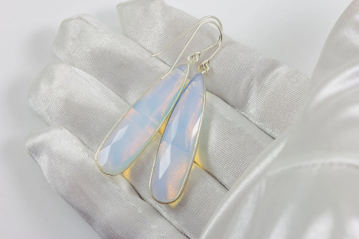 Opalite Earrings Faceted Long Pear Shaped Bezeled Teardrops 14k Solid Gold or Filled or Sterling Silver iridescent colors simple drops - Spyglass Designs