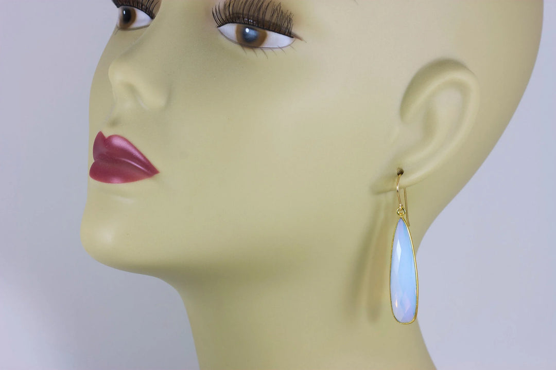 Opalite Earrings Faceted Long Pear Shaped Bezeled Teardrops 14k Solid Gold or Filled or Sterling Silver iridescent colors simple drops - Spyglass Designs