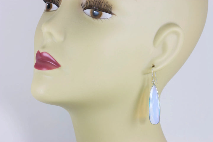 Opalite Earrings Faceted Long Pear Shaped Bezeled Teardrops 14k Solid Gold or Filled or Sterling Silver iridescent colors simple drops - Spyglass Designs