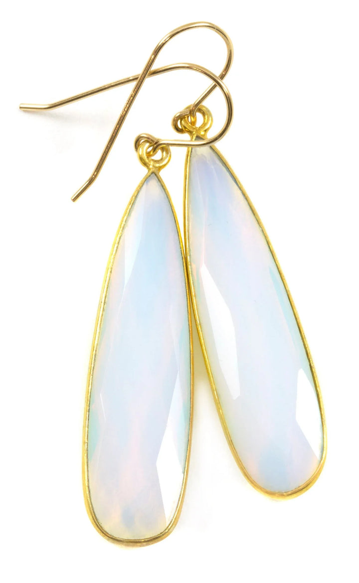 Opalite Earrings Faceted Long Pear Shaped Bezeled Teardrops 14k Solid Gold or Filled or Sterling Silver iridescent colors simple drops - Spyglass Designs